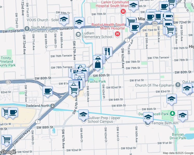 map of restaurants, bars, coffee shops, grocery stores, and more near 6410 Southwest 80th Street in South Miami