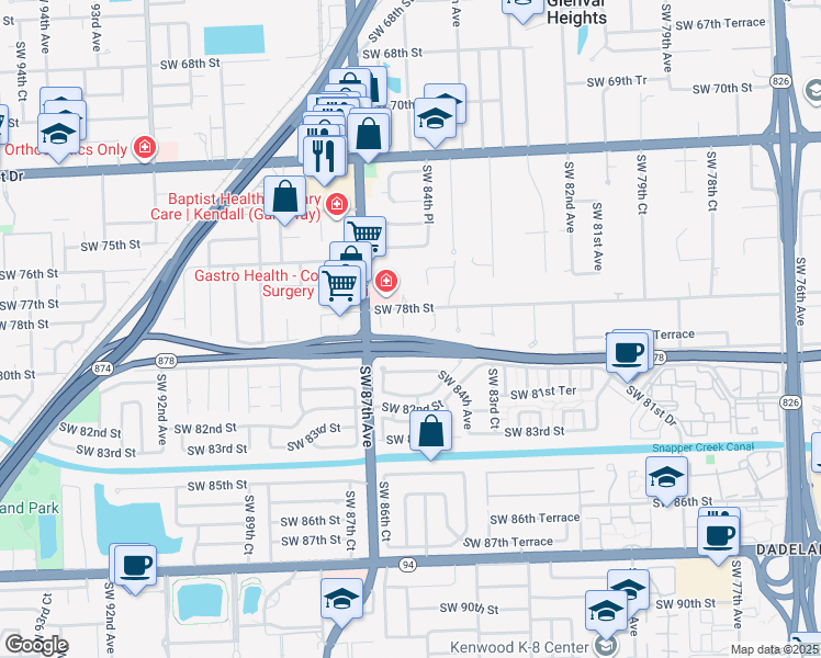 map of restaurants, bars, coffee shops, grocery stores, and more near 7830 Southwest 85th Court in Miami