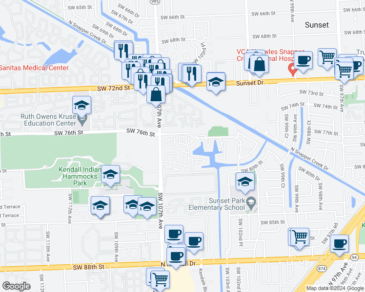 map of restaurants, bars, coffee shops, grocery stores, and more near 7675 Southwest 106th Avenue in Miami
