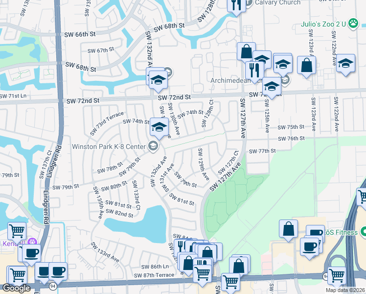 map of restaurants, bars, coffee shops, grocery stores, and more near 13014 Southwest 74th Terrace in Miami