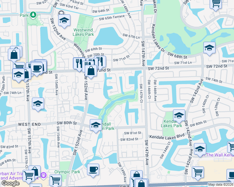 map of restaurants, bars, coffee shops, grocery stores, and more near 14956 Southwest 75th Terrace in Miami