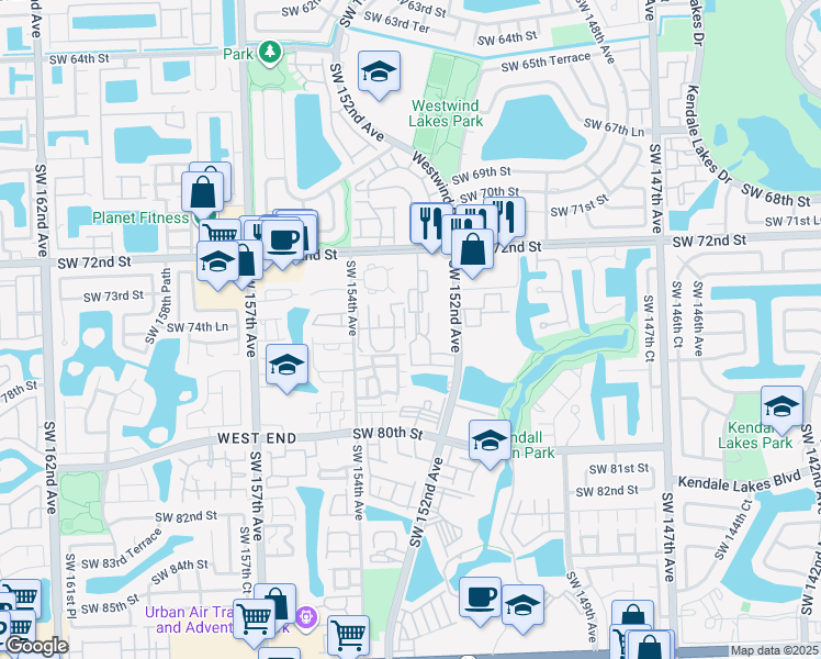 map of restaurants, bars, coffee shops, grocery stores, and more near 15320 Southwest 153rd Avenue in Miami