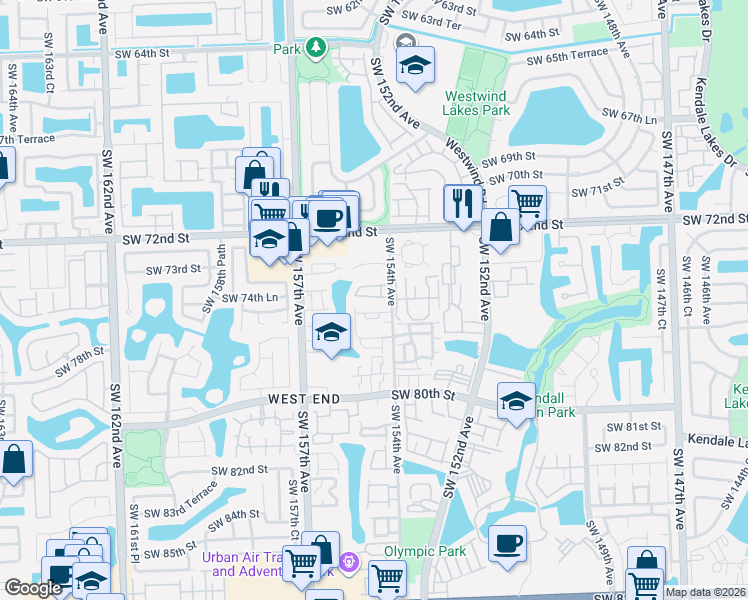 map of restaurants, bars, coffee shops, grocery stores, and more near 1208 Southwest 74th Court in Miami