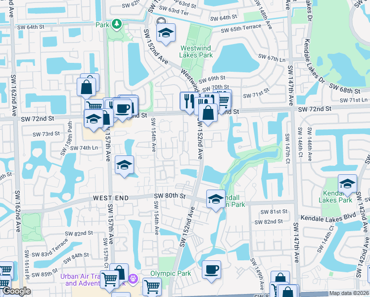 map of restaurants, bars, coffee shops, grocery stores, and more near 15320 Southwest 153rd Avenue in Miami