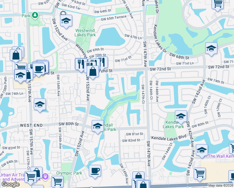 map of restaurants, bars, coffee shops, grocery stores, and more near 14956 Southwest 75th Terrace in Miami