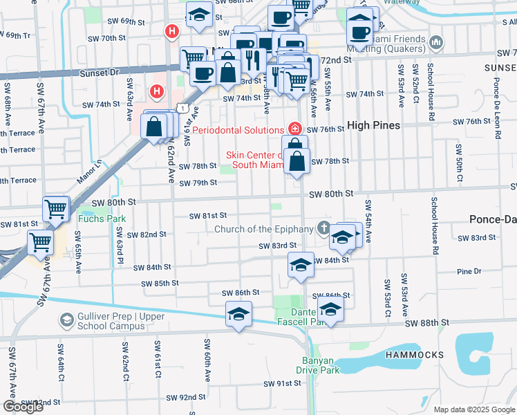 map of restaurants, bars, coffee shops, grocery stores, and more near 5805 Southwest 81st Street in Miami