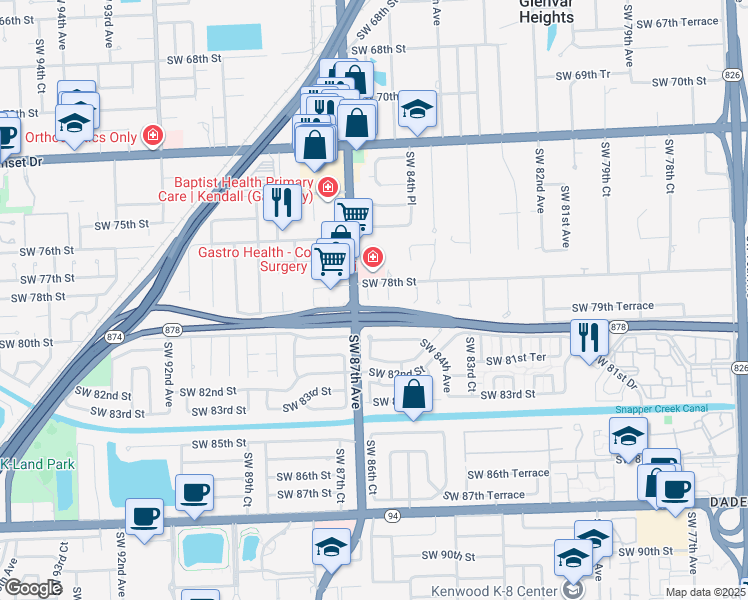 map of restaurants, bars, coffee shops, grocery stores, and more near 7830 Southwest 85th Court in Miami