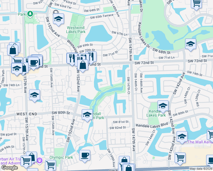 map of restaurants, bars, coffee shops, grocery stores, and more near 14956 Southwest 75th Terrace in Miami