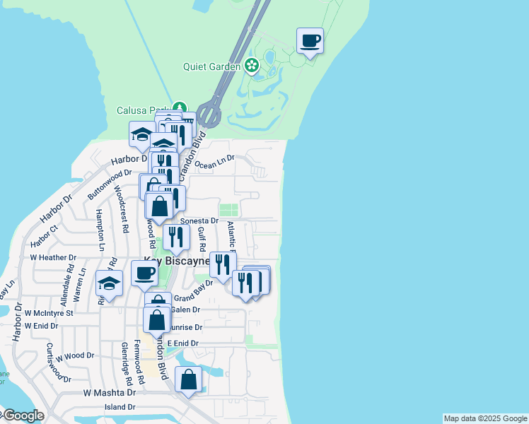 map of restaurants, bars, coffee shops, grocery stores, and more near 201 Crandon Blvd in Key Biscayne