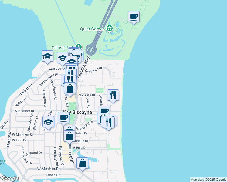 map of restaurants, bars, coffee shops, grocery stores, and more near 201 Crandon Blvd in Key Biscayne