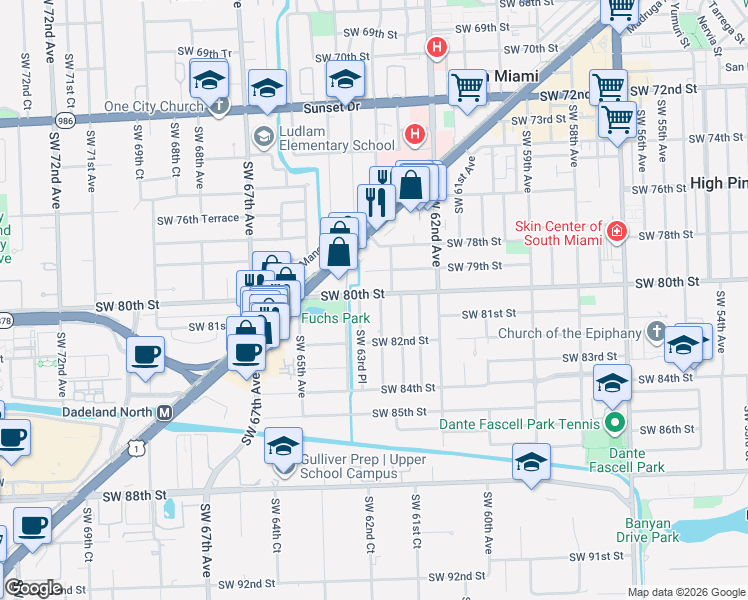 map of restaurants, bars, coffee shops, grocery stores, and more near 6333 Southwest 80th Street in Miami