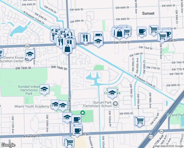 map of restaurants, bars, coffee shops, grocery stores, and more near 7603 Southwest 105th Avenue in Miami
