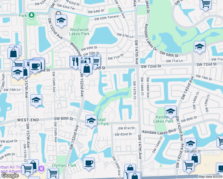 map of restaurants, bars, coffee shops, grocery stores, and more near 14956 Southwest 75th Terrace in Miami