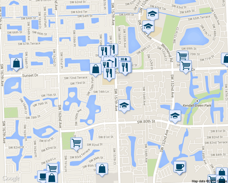 map of restaurants, bars, coffee shops, grocery stores, and more near 7431 Southwest 157th Court in Miami