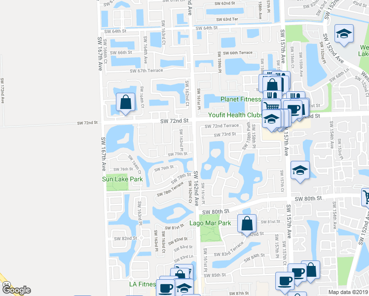map of restaurants, bars, coffee shops, grocery stores, and more near 7435 Southwest 162nd Place in Miami