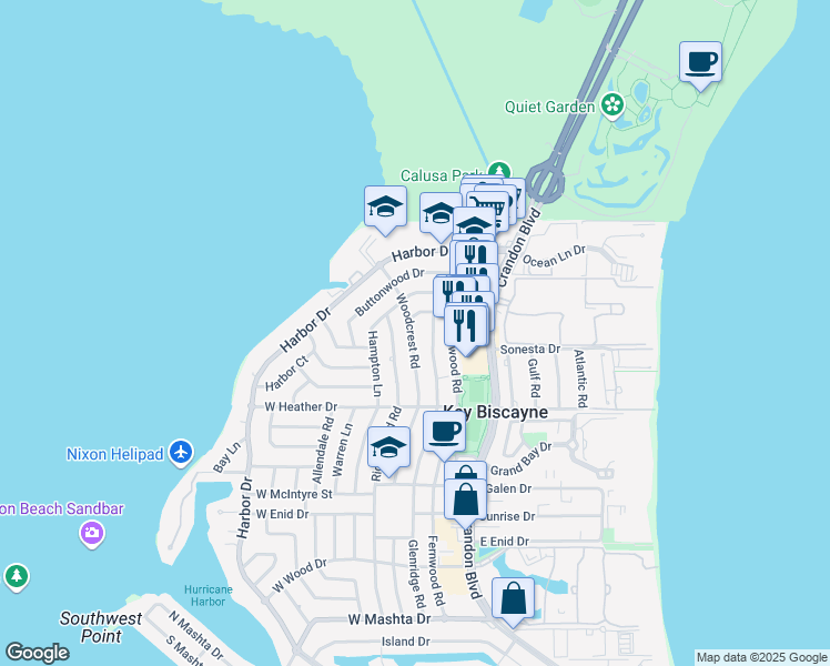 map of restaurants, bars, coffee shops, grocery stores, and more near 265 Woodcrest Road in Key Biscayne