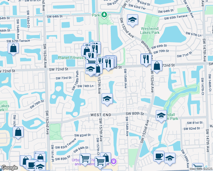 map of restaurants, bars, coffee shops, grocery stores, and more near 14572 Southwest 155th Court in Miami