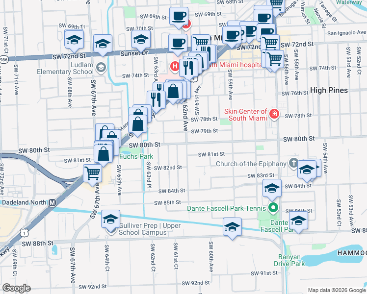 map of restaurants, bars, coffee shops, grocery stores, and more near 6200 Southwest 80th Street in Miami