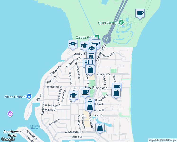 map of restaurants, bars, coffee shops, grocery stores, and more near 260 Crandon Boulevard in Key Biscayne