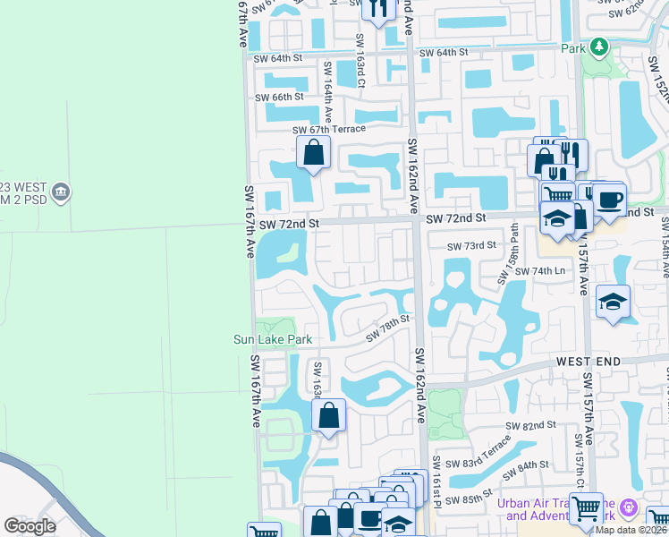 map of restaurants, bars, coffee shops, grocery stores, and more near 16401 SW 74th Terrace in Miami