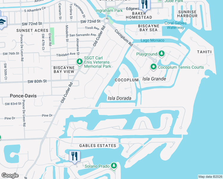 map of restaurants, bars, coffee shops, grocery stores, and more near 451 Costanera Road in Coral Gables
