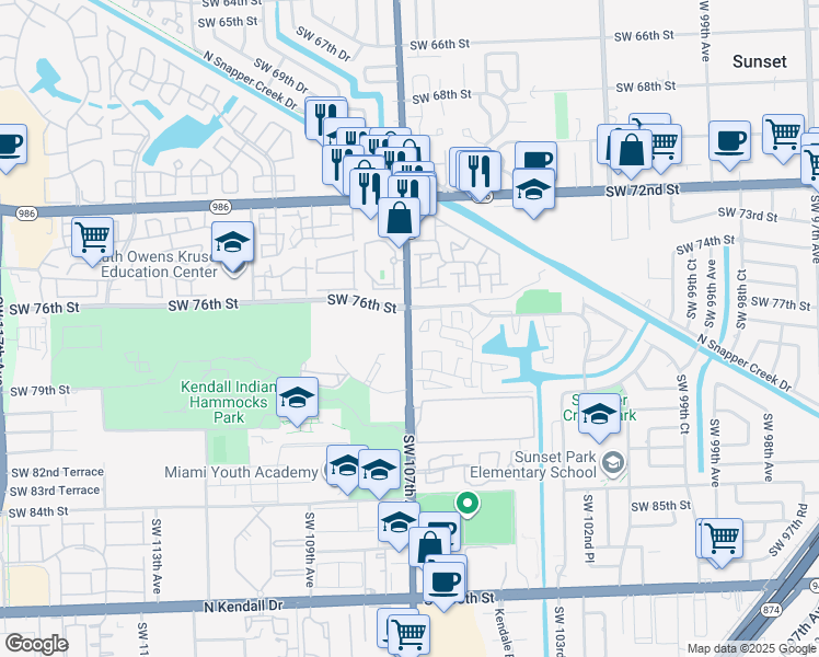 map of restaurants, bars, coffee shops, grocery stores, and more near 10685 Southwest 76th Terrace in Miami