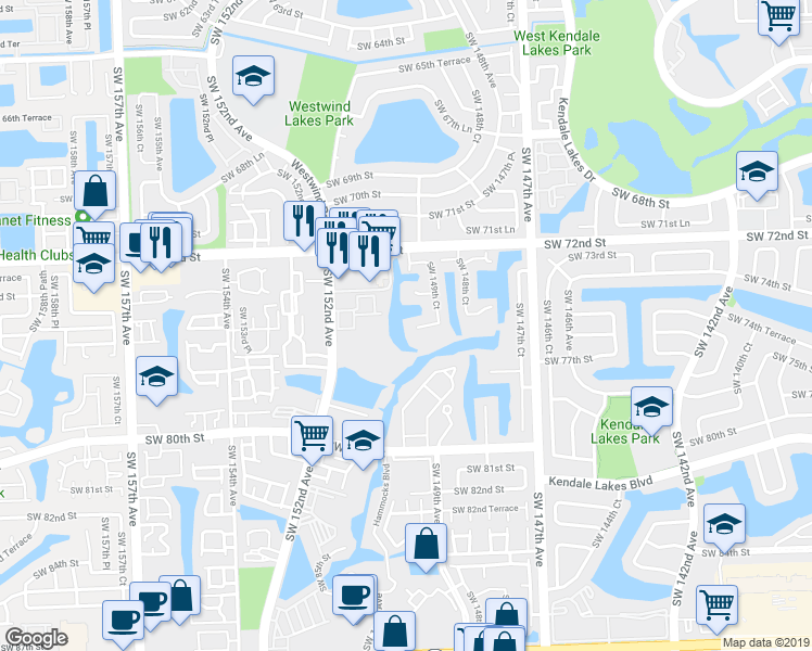 map of restaurants, bars, coffee shops, grocery stores, and more near 14969 Southwest 75th Terrace in Miami