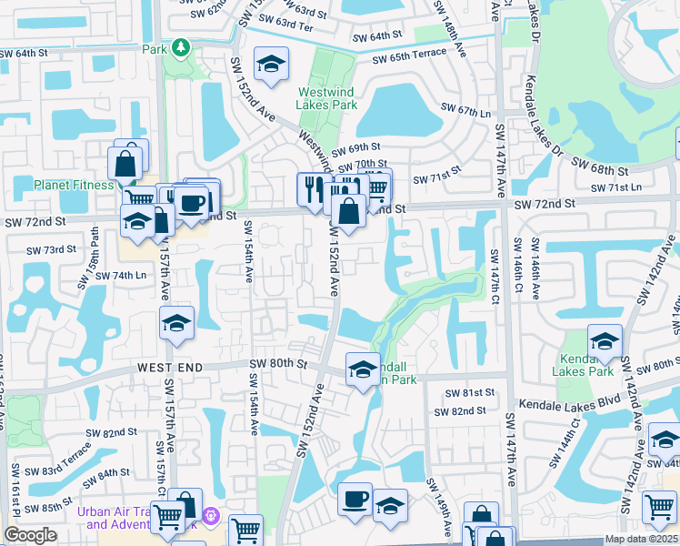 map of restaurants, bars, coffee shops, grocery stores, and more near 7490 Southwest 152nd Avenue in Miami