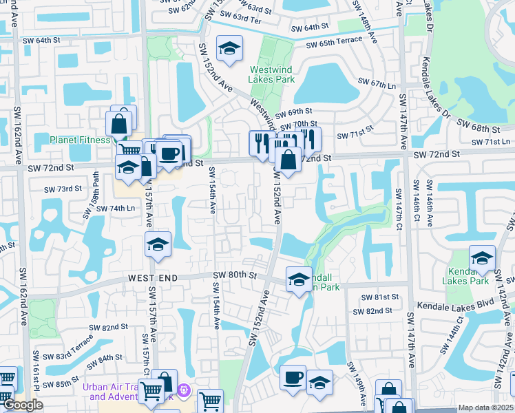 map of restaurants, bars, coffee shops, grocery stores, and more near 15320 Southwest 153rd Avenue in Miami