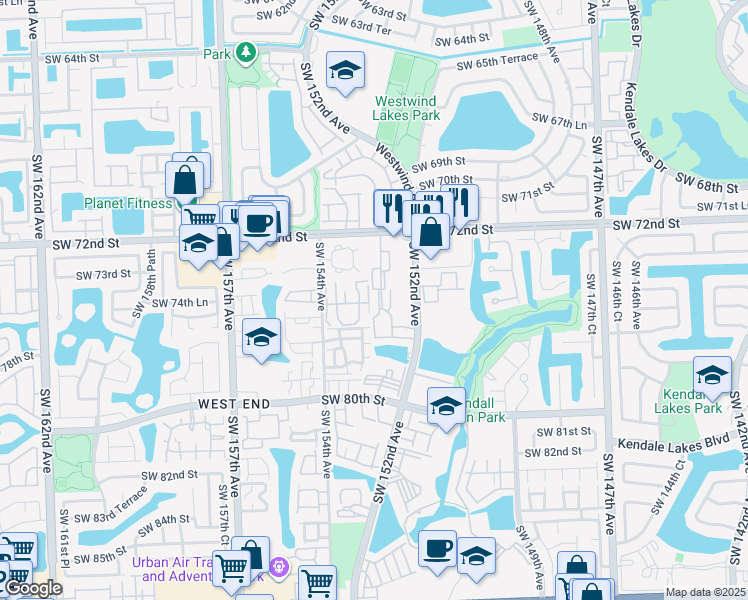 map of restaurants, bars, coffee shops, grocery stores, and more near 15320 Southwest 153rd Avenue in Miami