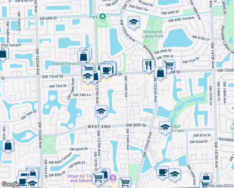 map of restaurants, bars, coffee shops, grocery stores, and more near 15410 Southwest 74th Circle Court in Miami