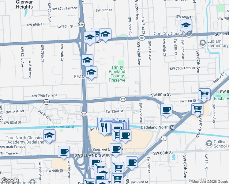 map of restaurants, bars, coffee shops, grocery stores, and more near 7395 Southwest 80th Street in Miami