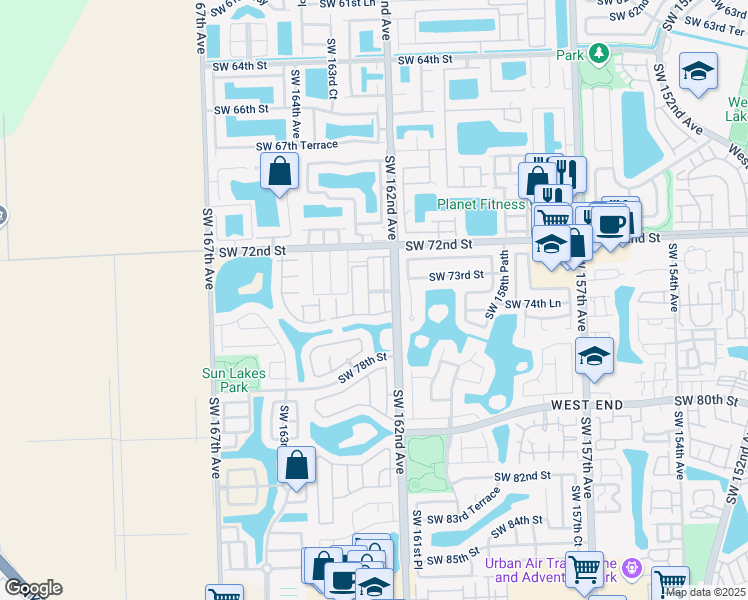 map of restaurants, bars, coffee shops, grocery stores, and more near 7435 Southwest 162nd Place in Miami