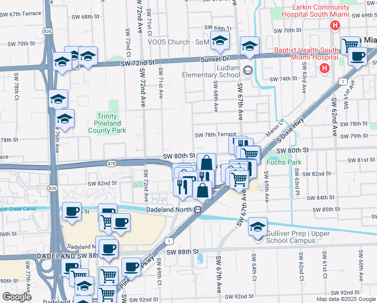 map of restaurants, bars, coffee shops, grocery stores, and more near 6925 SW 80th St in Miami