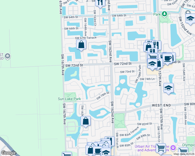 map of restaurants, bars, coffee shops, grocery stores, and more near 7411 Southwest 163rd Court in Miami