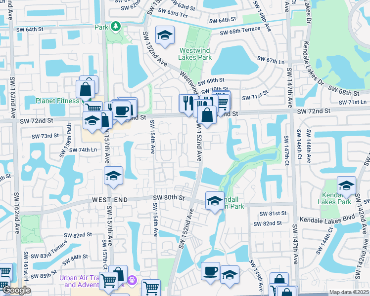 map of restaurants, bars, coffee shops, grocery stores, and more near 7666 Southwest 152nd Avenue in Miami