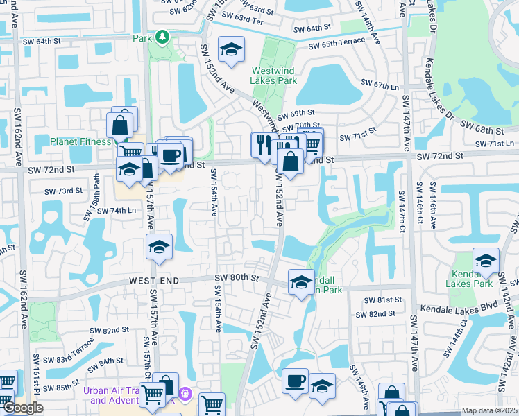 map of restaurants, bars, coffee shops, grocery stores, and more near 15342 Sunset Drive in Miami