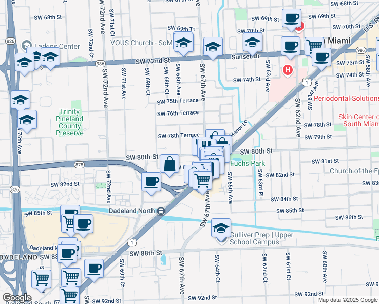 map of restaurants, bars, coffee shops, grocery stores, and more near 6761 Southwest 80th Street in Miami