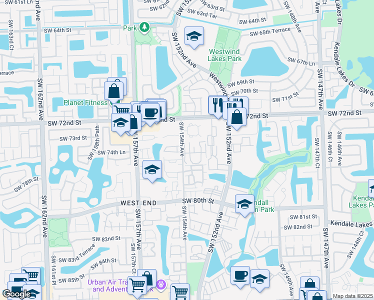 map of restaurants, bars, coffee shops, grocery stores, and more near 7450 Southwest 153rd Place in Miami