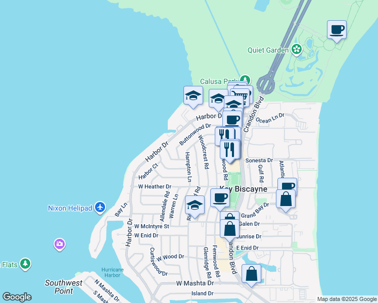 map of restaurants, bars, coffee shops, grocery stores, and more near 255 Hampton Lane in Key Biscayne