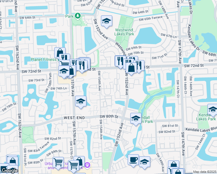 map of restaurants, bars, coffee shops, grocery stores, and more near 7450 Southwest 153rd Place in Miami