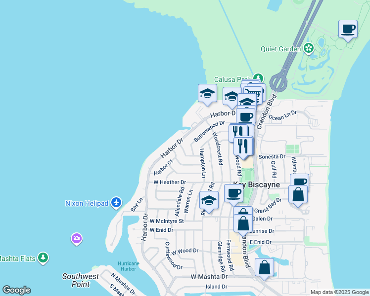 map of restaurants, bars, coffee shops, grocery stores, and more near 335 Cypress Drive in Key Biscayne