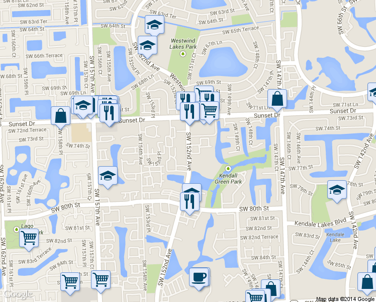 map of restaurants, bars, coffee shops, grocery stores, and more near 7490 Southwest 152nd Avenue in Miami