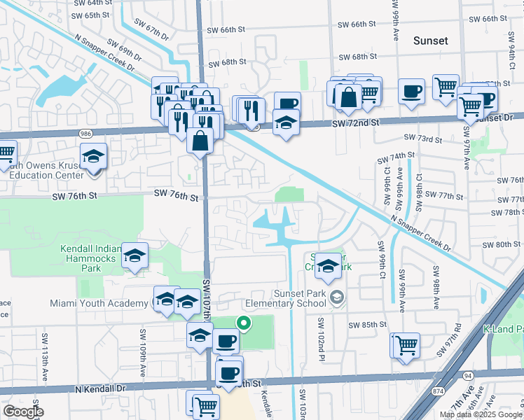 map of restaurants, bars, coffee shops, grocery stores, and more near 7603 Southwest 105th Avenue in Miami