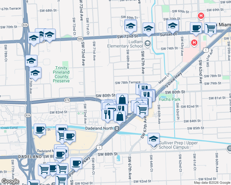 map of restaurants, bars, coffee shops, grocery stores, and more near 6925 Southwest 80th Street in Miami