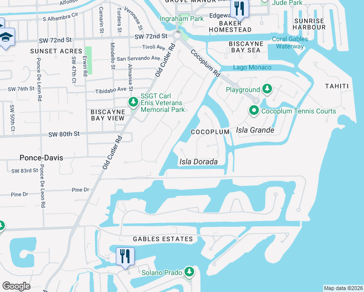 map of restaurants, bars, coffee shops, grocery stores, and more near 451 Costanera Road in Coral Gables