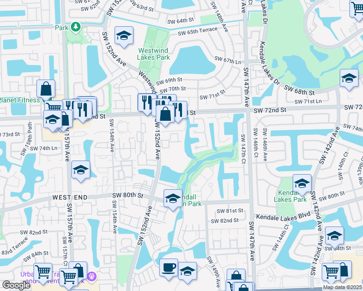 map of restaurants, bars, coffee shops, grocery stores, and more near 14969 Southwest 75th Terrace in Miami