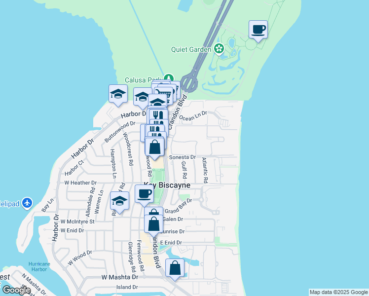 map of restaurants, bars, coffee shops, grocery stores, and more near 151 Crandon Boulevard in Key Biscayne