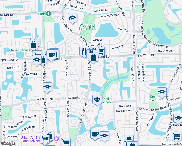 map of restaurants, bars, coffee shops, grocery stores, and more near 7490 Southwest 152nd Avenue in Miami