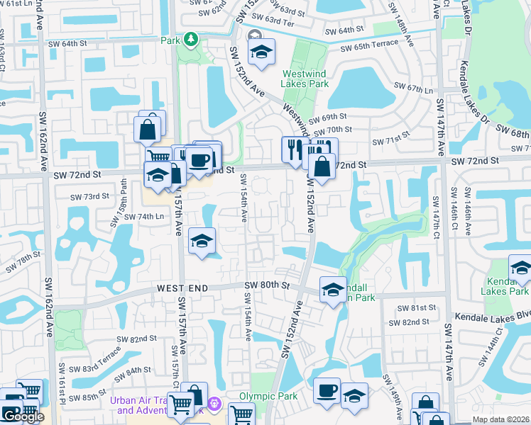 map of restaurants, bars, coffee shops, grocery stores, and more near 7450 Southwest 153rd Place in Miami